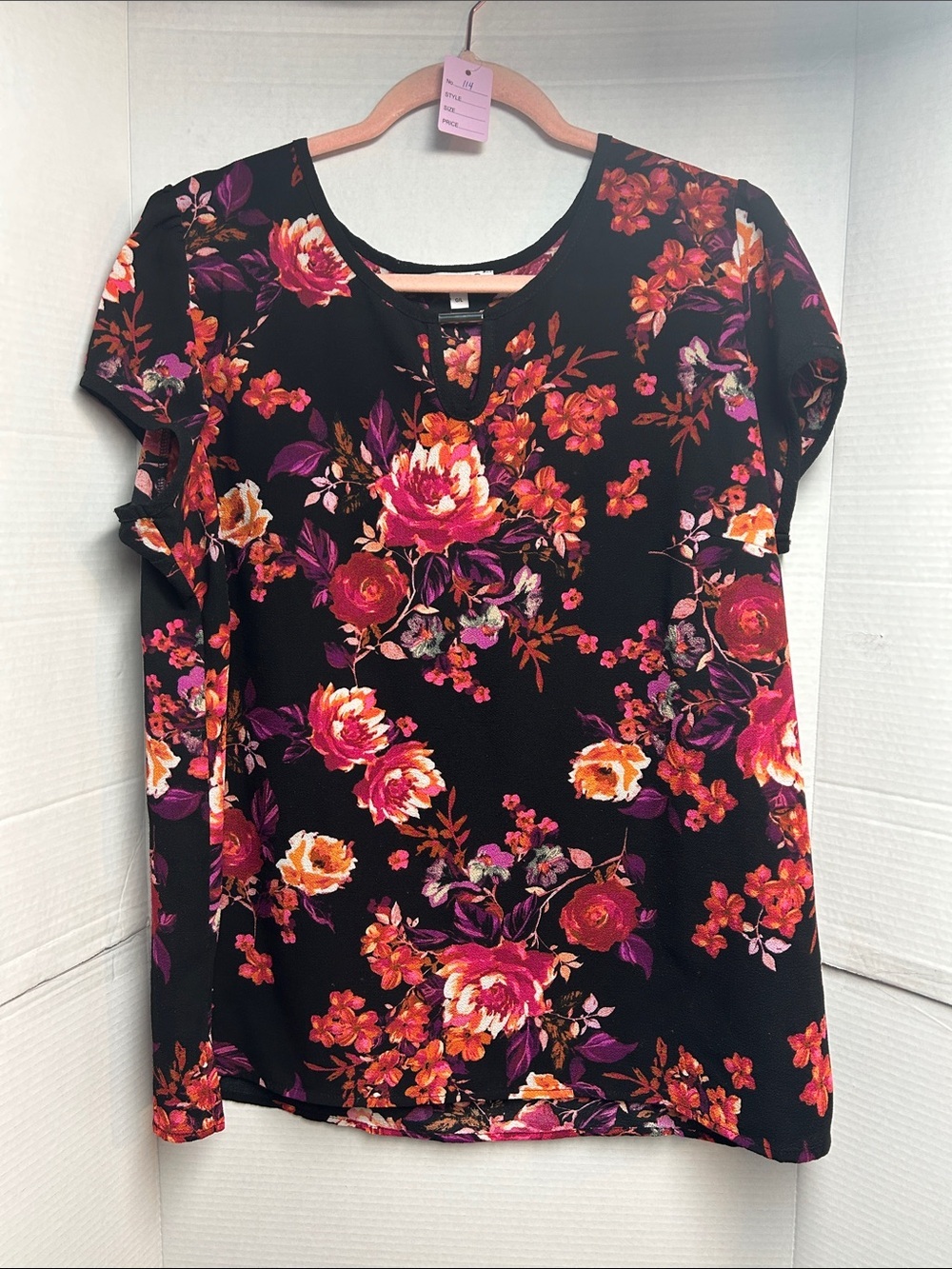 Women’s Floral Short Sleeve Blouse - Black with Pink & Orange Blooms